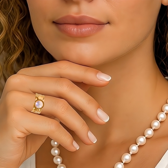 🆕 Celestial Statement Ring 18K Gold Plated Adjustable with Faux Pearl Glow - Picture 3 of 14